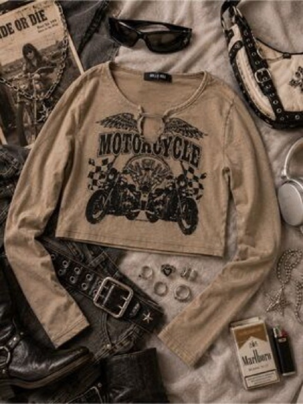 Motorcycle Graphic Cropped Long-Sleeve Top - Tan